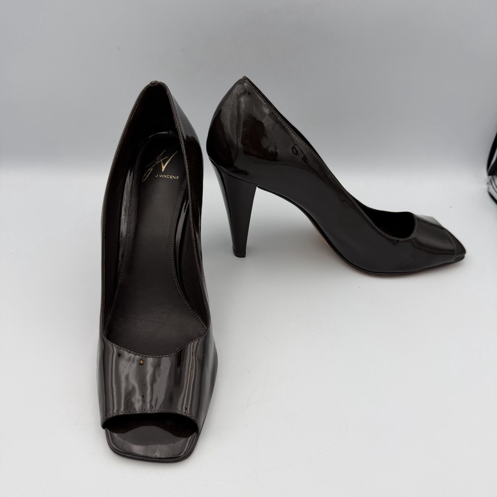 J Vincent Patent Leather Peep Toe Pumps Espresso Brown Stiletto Heels Women 8.5M